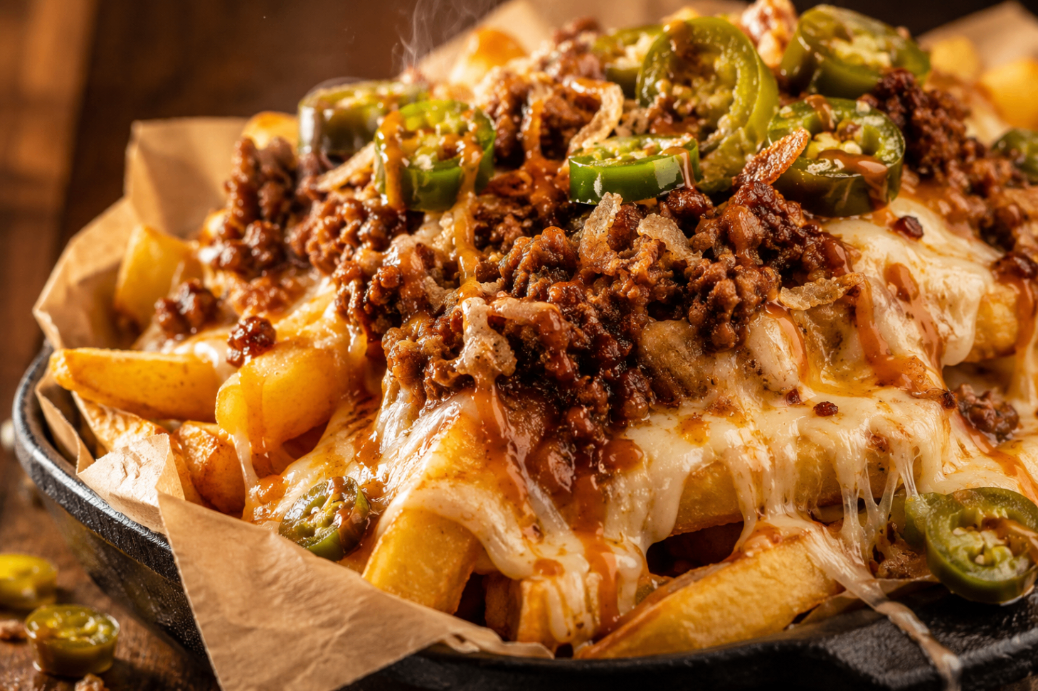 Loaded fries topped with meat, melted cheese and jalapeños