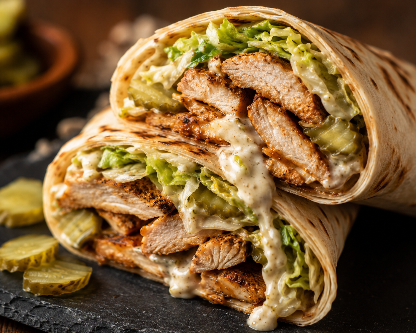 Chicken wrap with pickles, lettuce and creamy sauce