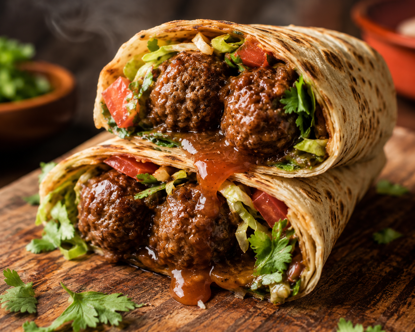 Beef meatball wrap with salad and sauce